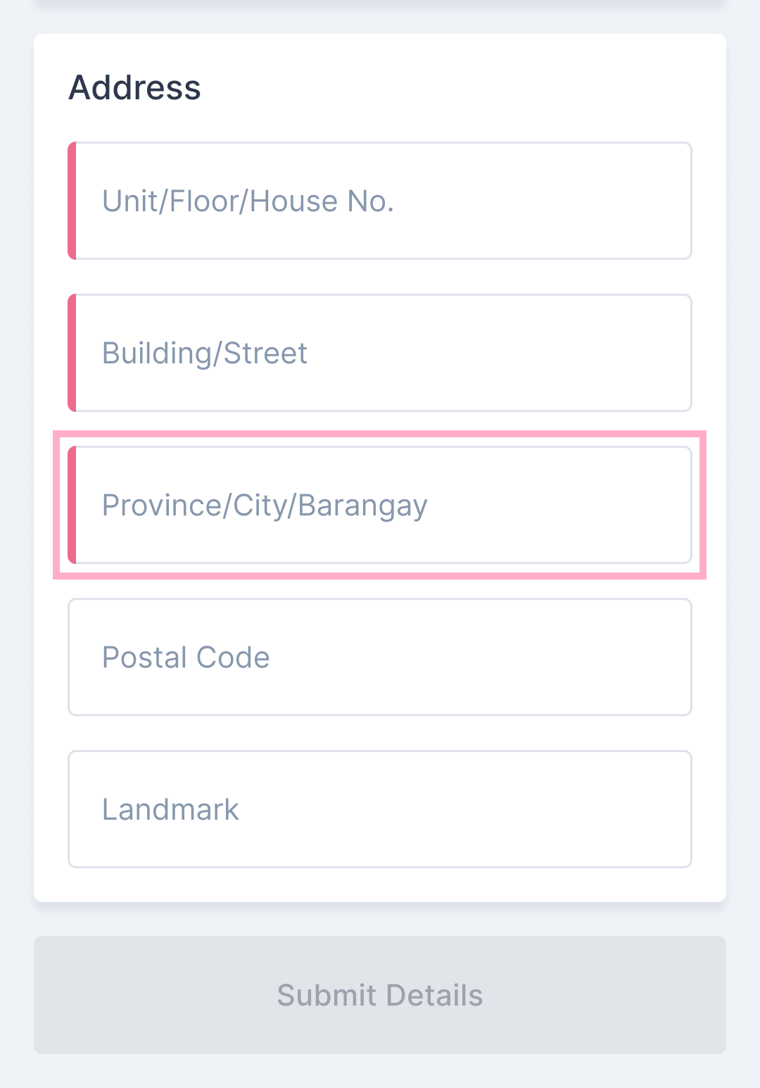 add pickup details - province, city, barangay