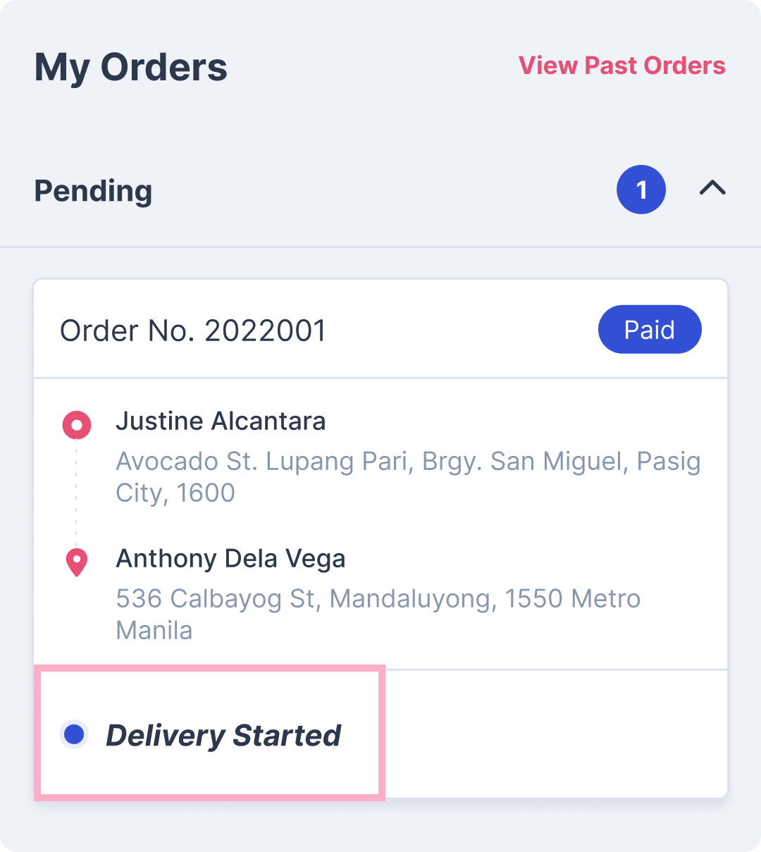 pending - delivery started