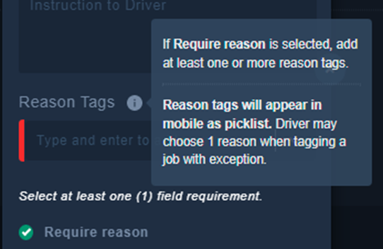 job exception - reason tags tooltip