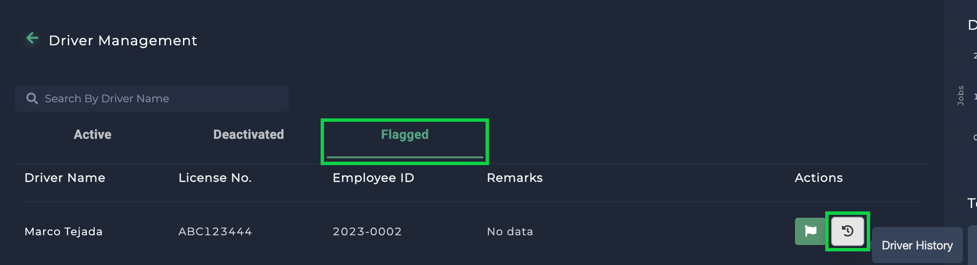 driver history - flagged tab