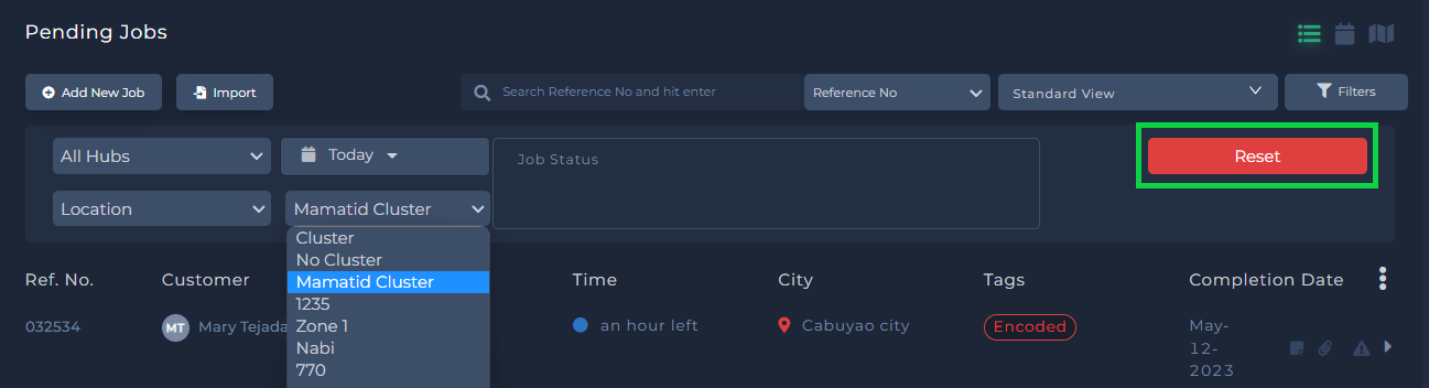 reset cluster filter